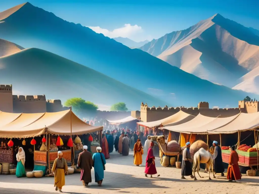 Mercado bullicioso en la Ruta de la Seda Animado mercado antiguo en la Ruta de la Seda, con intercambio cultural entre civilizaciones antiguas