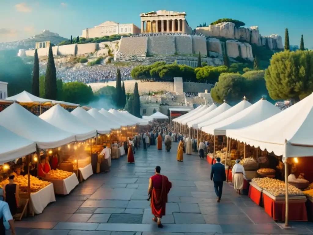 Animado mercado ateniense durante la Fiesta Panathenaea, con músicos, puestos de comida y la majestuosa Acropolis al fondo