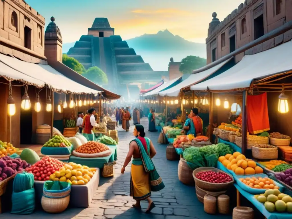 Animado mercado azteca con vendedores y templos, reflejando la vida cotidiana imperio azteca