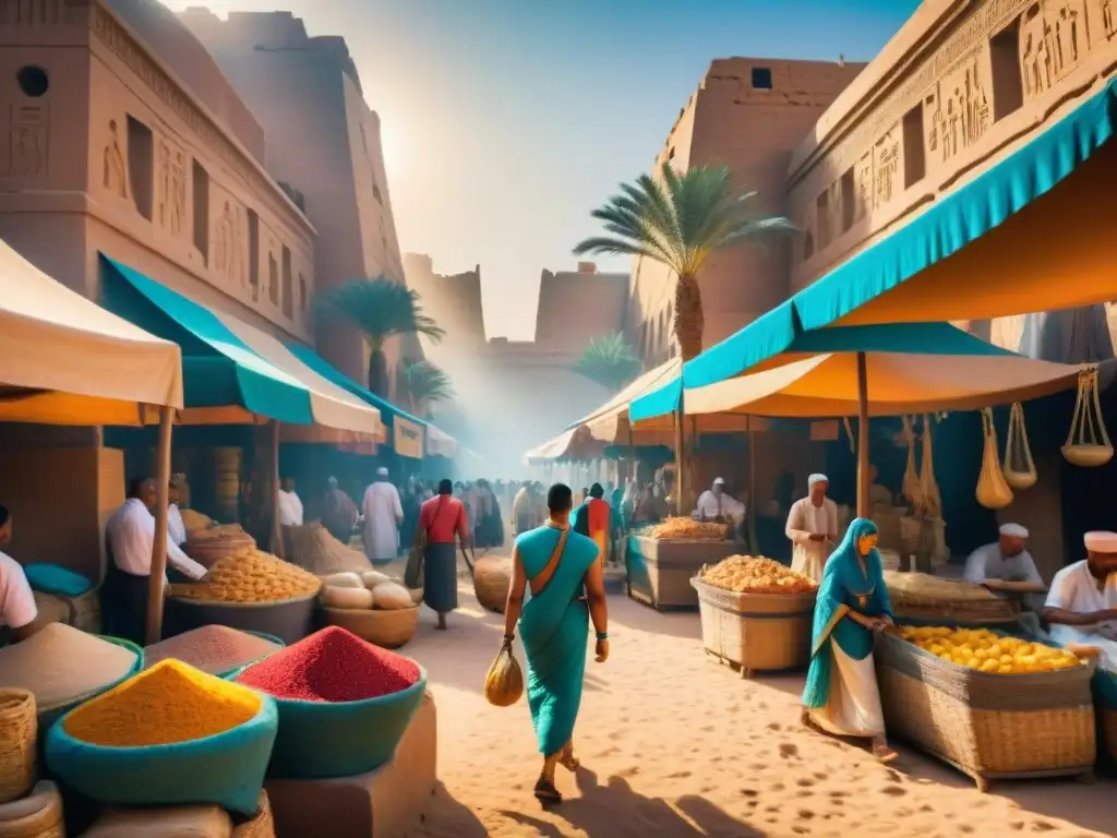 Animado mercado egipcio con colores vibrantes y detalles hieroglíficos, reflejando la vida diaria en Egipto