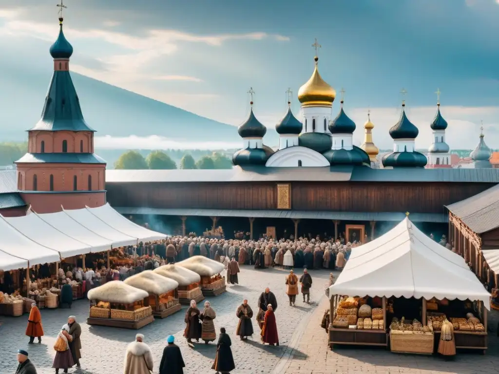 Animado mercado medieval en Novgorod con comerciantes eslavos y mercancías, bajo un cielo de nubes