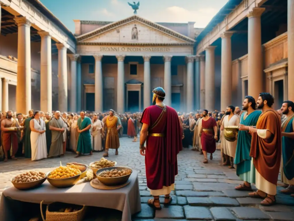 Animado mercado romano durante el festival de Saturnalia, con ciudadanos de diversas clases sociales participando en actividades festivas