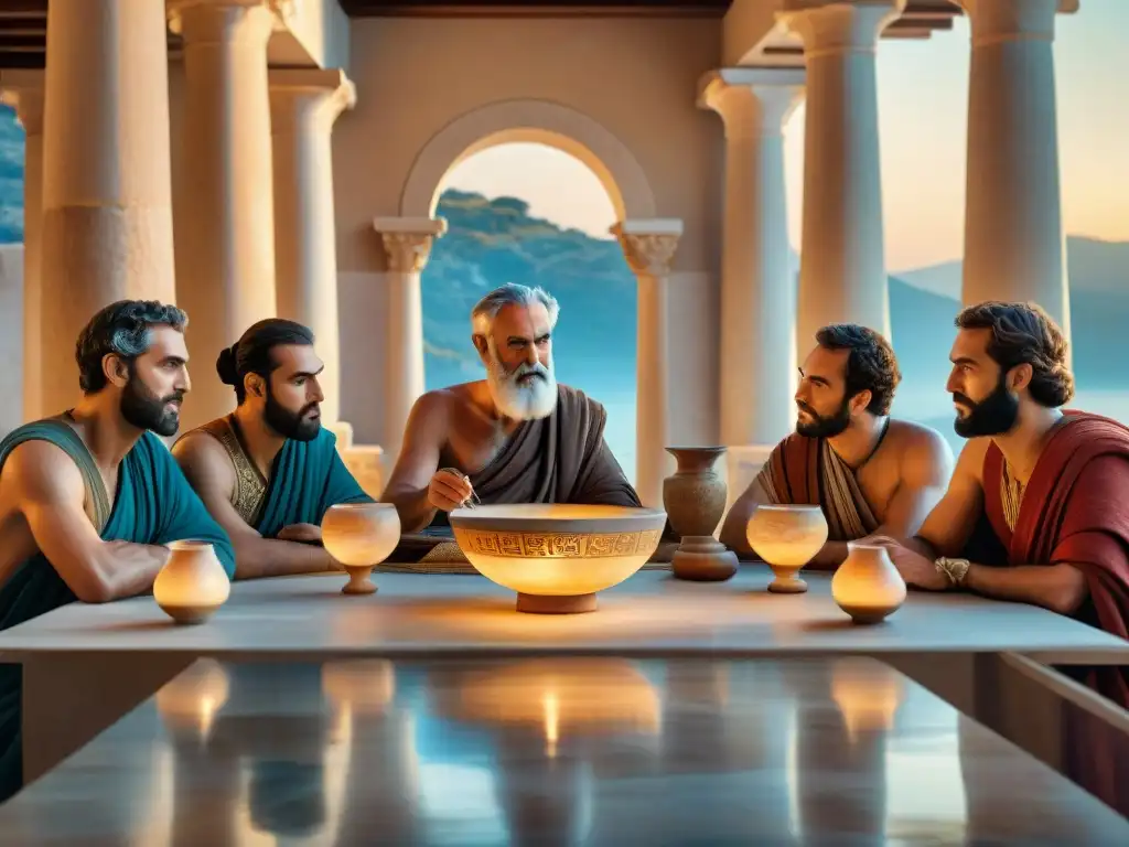 Un animado simposio de filósofos en la Antigua Grecia, debatiendo bajo la luz de antiguas lámparas de aceite