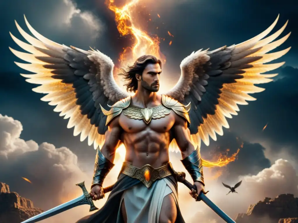 Épica ilustración antigua del ángel caído Lucifer en batalla celestial