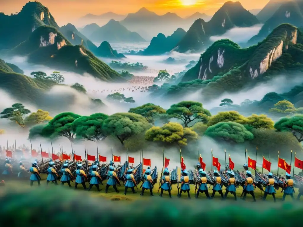 Épica batalla estratégica en pergamino chino antiguo Antigua batalla estratégica en pergamino chino con soldados y paisajes, destacando estrategias éticas antiguas China