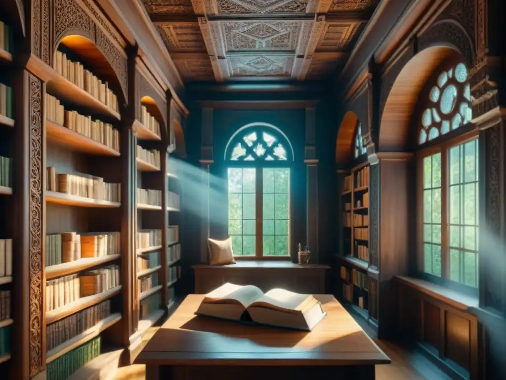 Una antigua biblioteca eslava en un misterioso bosque, con manuscritos y símbolos únicos