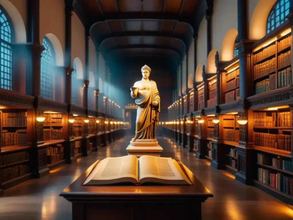 Antigua biblioteca iluminada por velas, con estatua de filósofo rodeada de grabados