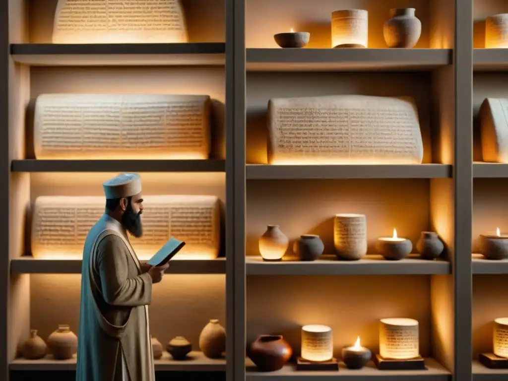 Antigua biblioteca de Mesopotamia con tablillas de barro y cuneiforme, iluminada por lámparas de aceite