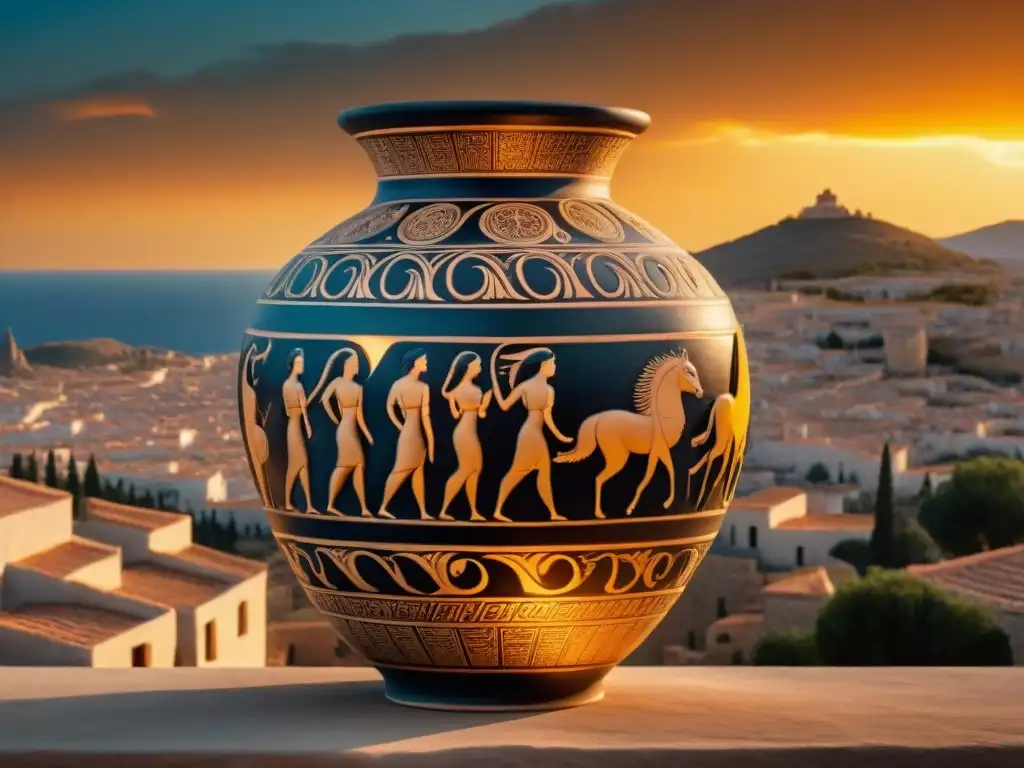 Antigua cerámica griega muestra eclipse solar sobre ciudad con figuras asombradas