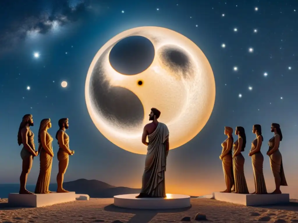 Antigua cerámica griega con eclipses en cosmología griega, figuras admirando el eclipse solar en un cielo estrellado