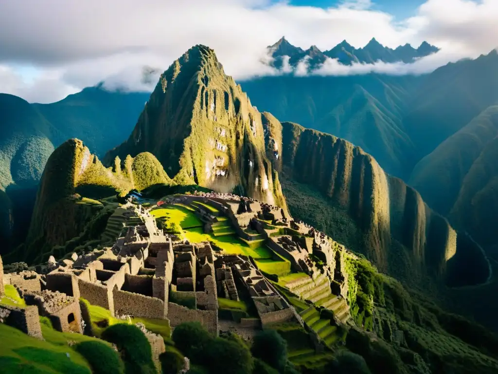 Antigua ciudad Inca envuelta en niebla en los Andes, con ruinas de piedra y símbolos misteriosos, llamas y un cielo dramático