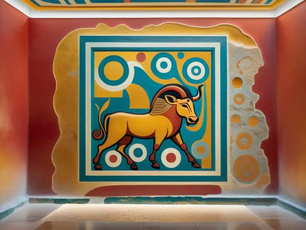 Una antigua y detallada pintura minoica del Laberinto de Knossos con el Minotauro en su centro, evocando el misterio de la cultura Minoica