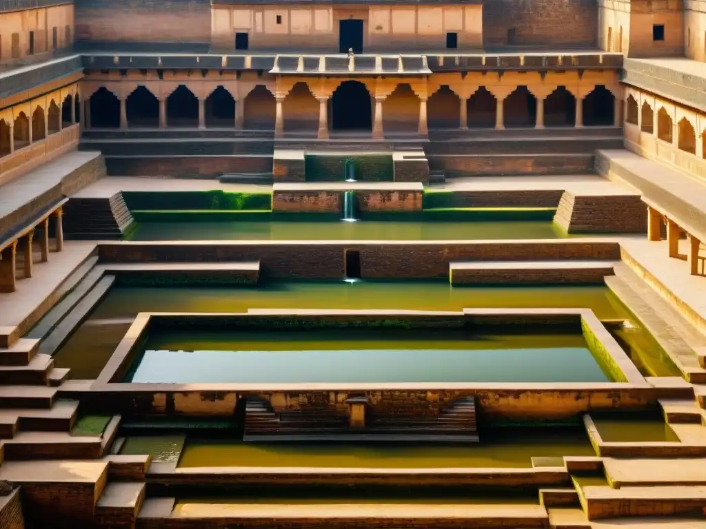 Ingeniería hidráulica India antigua: Detalle del impresionante Chand Baori en Abhaneri, mostrando su arquitectura y reflejos acuáticos