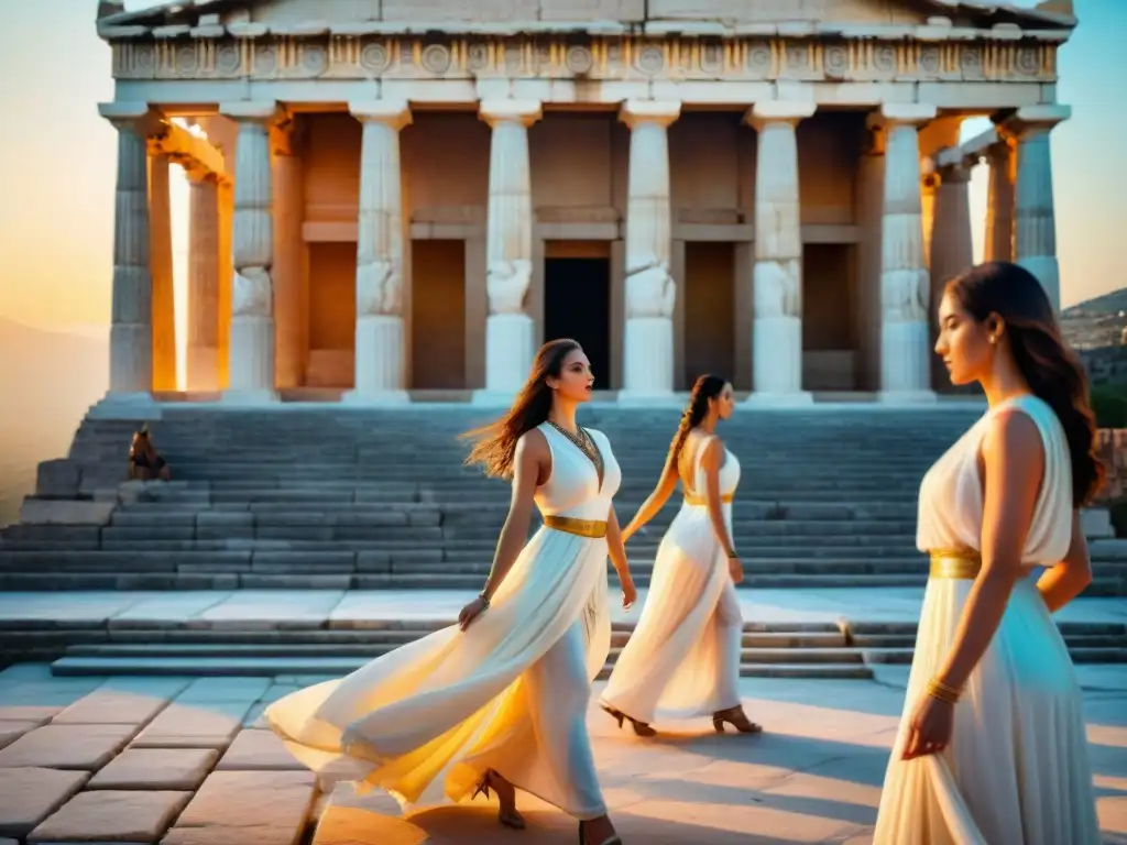 En la antigua Grecia, danza divina iluminada por el sol dorado en el majestuoso anfiteatro de mármol