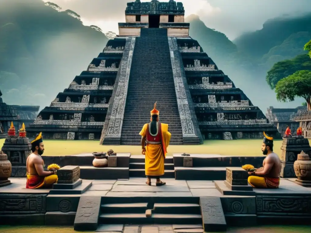 Antigua escena de sacrificios humanos en Mesoamérica, con sacerdotes y altar de piedra en un complejo templo