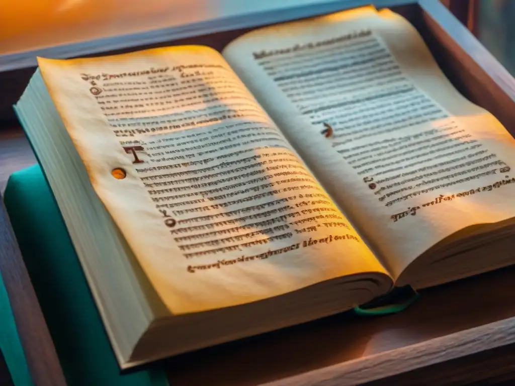 Antigua escritura Ayurveda en pergamino iluminada por luz cálida, revelando secretos de la India