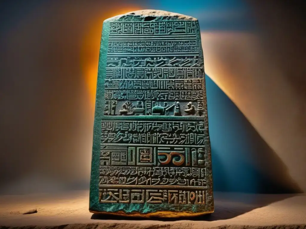 Antigua estela de Hammurabi con cuneiformes y relieves detallados, mostrando el origen del derecho en Babilonia