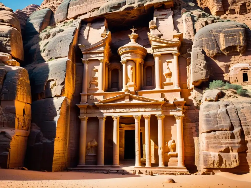 Antigua fachada de la Tesorería en Petra, Jordania, revelando secretos Ciudad Perdida Petra en sombras y luces