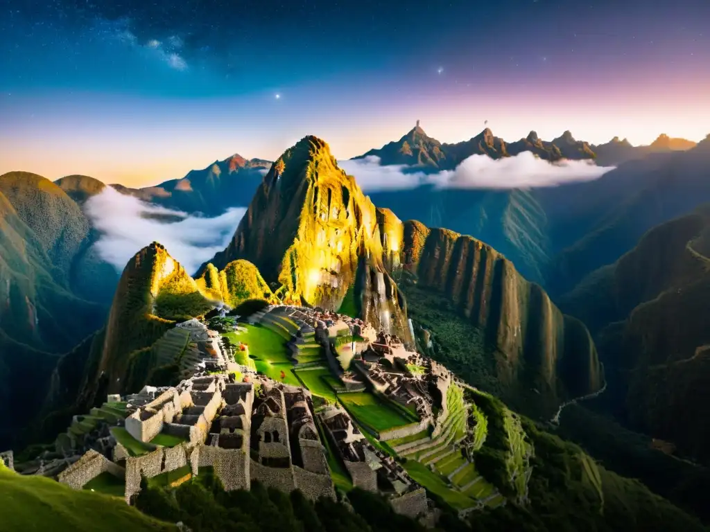 Antigua Machu Picchu iluminada por la luna en una noche estrellada, con la Vía Láctea y constelaciones, sitios astronómicos antiguos peregrinaciones