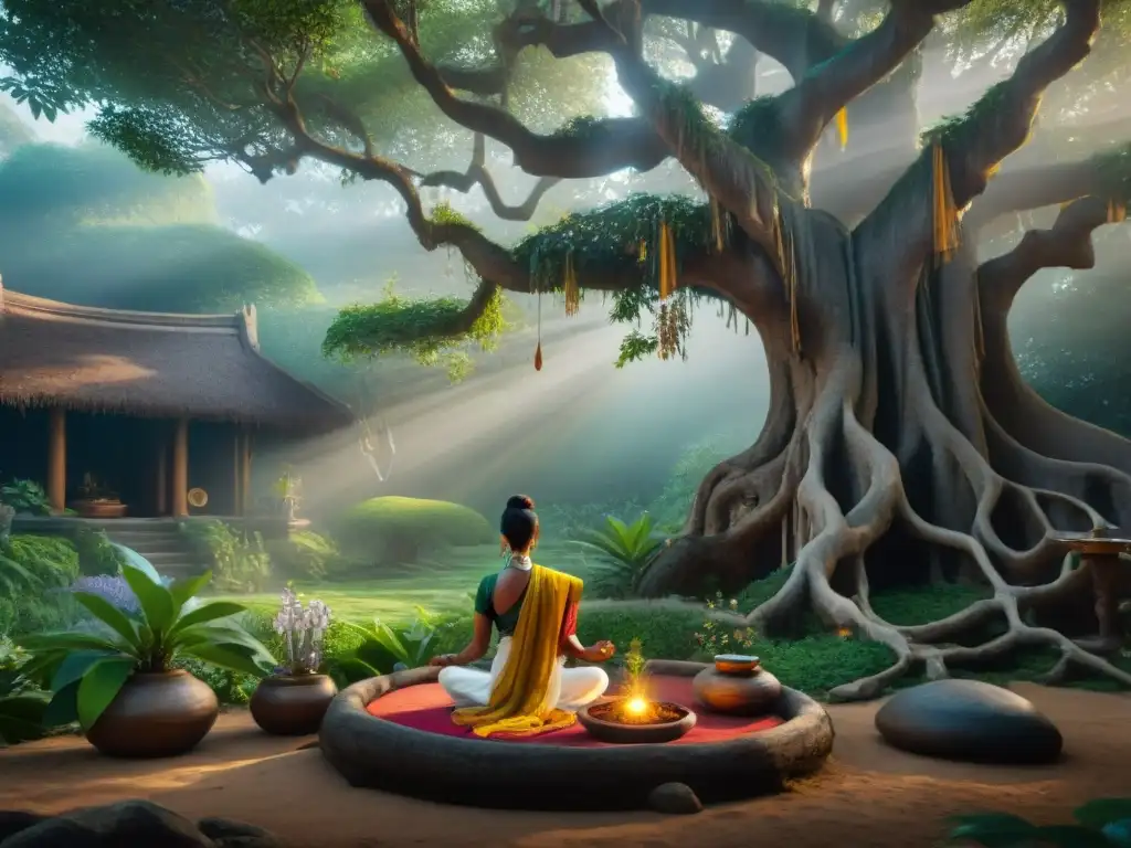 Jardín Ayurveda antigua India con hierbas y flores exóticas