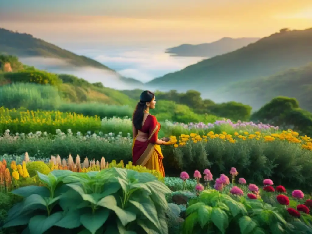 Un jardín herbal Ayurveda antigua en India con serenos recolectores y guía sabio