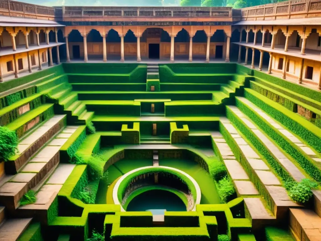 Ingeniería hidráulica India antigua: Intrincadas stepwells rodeadas de vegetación exuberante y luz solar filtrándose en antiguas estructuras