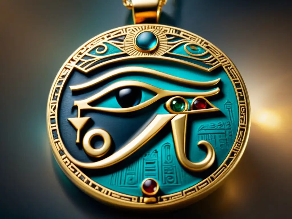 Una antigua joya egipcia detalladamente tallada con el Ojo de Horus, resplandeciendo en oro y piedras preciosas