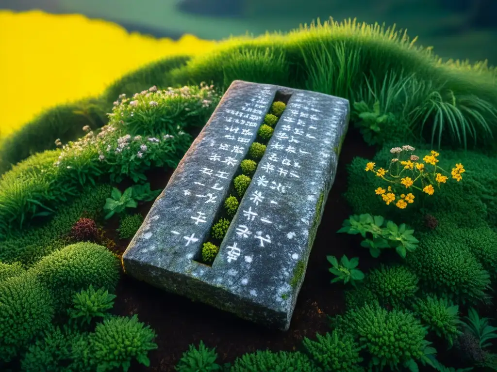 Antigua losa de piedra con escritura celta Ogham iluminada por la puesta de sol, en un paisaje verde exuberante