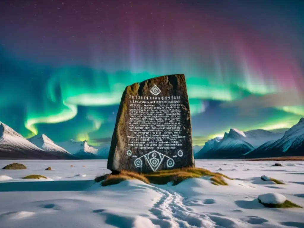 Una antigua losa de piedra con runas nórdicas iluminadas por auroras boreales, en paisaje nevado