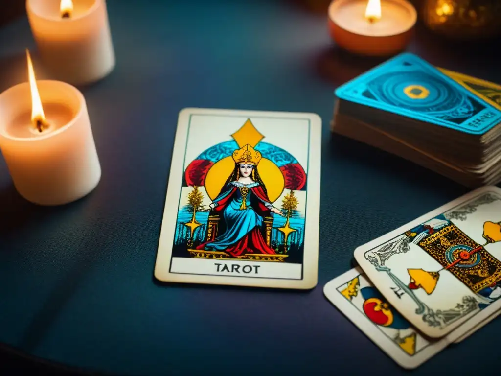 Antigua y mística lectura de Tarot, con las cartas del Loco, el Mago, la Suma Sacerdotisa y la Emperatriz