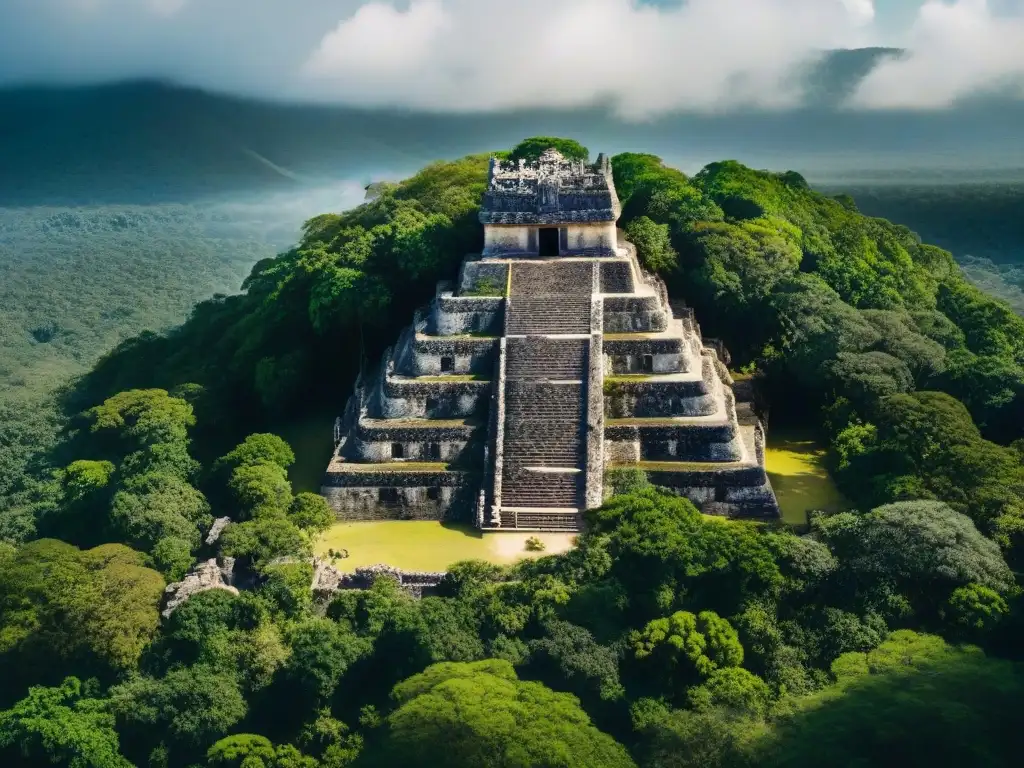 Antigua metrópolis oculta maya emerge en la selva con pirámides y estructuras de piedra tallada, bajo la luz filtrada del sol