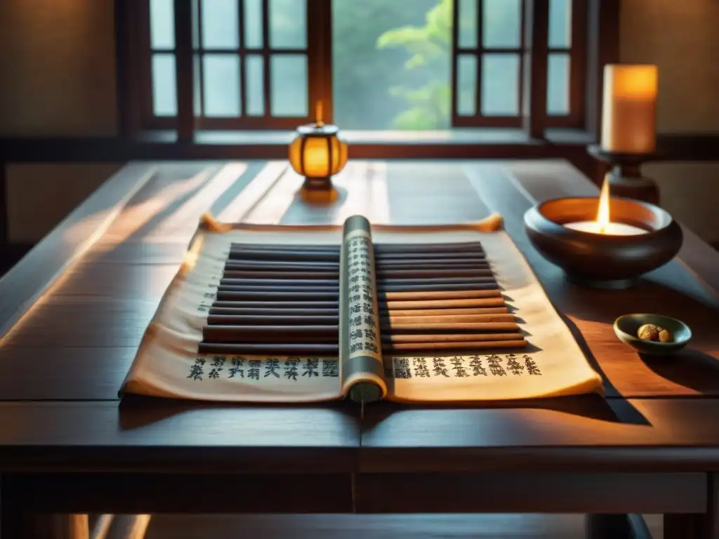 Antigua pergamino chino desplegándose sobre mesa de madera, revelando arte detallado de I Ching en caligrafía tradicional