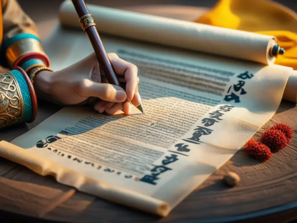 Antiguo pergamino con caligrafía detallada y delicadas ilustraciones Una antigua pergamino detallado con caligrafía e ilustraciones, mostrando preservación escritura antigua historia