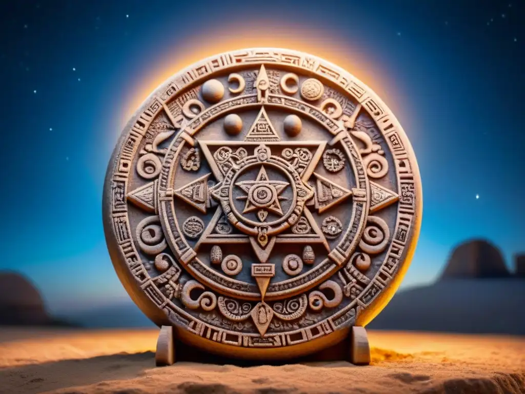 Una antigua piedra del calendario maya detalladamente tallada, iluminada por un suave resplandor bajo un cielo estrellado