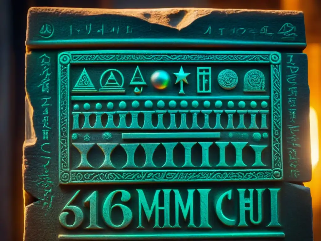 Tableta de piedra alquímica: símbolos misteriosos iluminados Una antigua piedra filosofal cubierta de enigmáticos símbolos alquímicos, con destellos de luz iridiscente