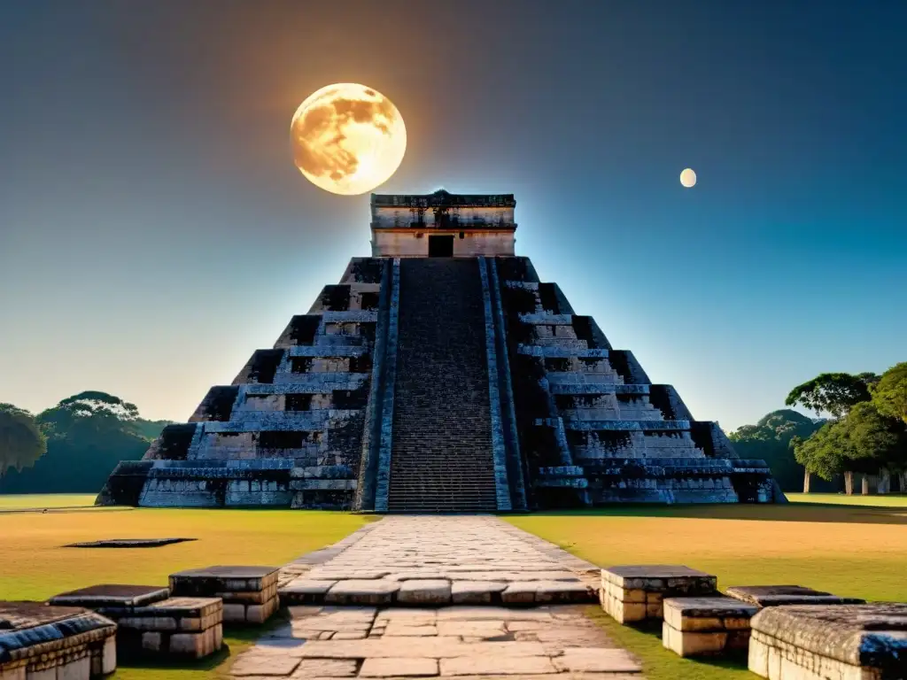 Antigua pirámide de Kukulkán en Chichén Itzá durante un eclipse solar total, destacando las profecías mayas eclipses futuro