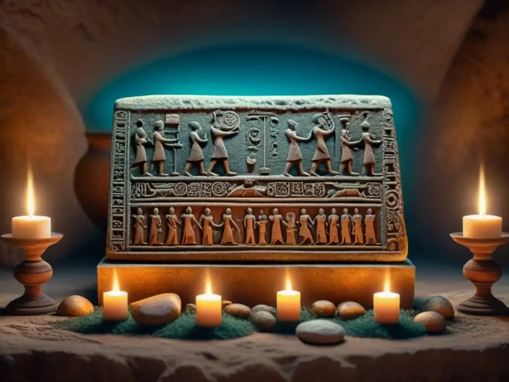 Antigua tabla etrusca con símbolos místicos iluminados por velas en cámara arqueológica