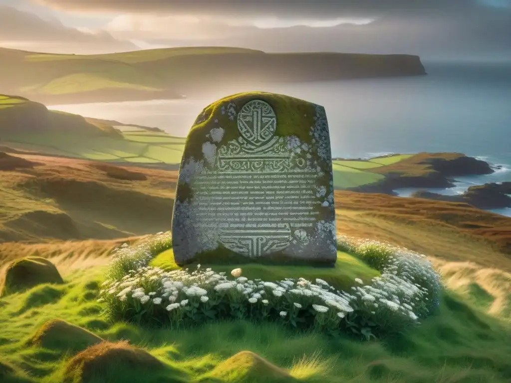 Antigua tabla de piedra con inscripciones ogham en paisaje irlandés