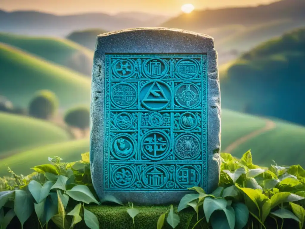 Antigua tabla de piedra con símbolos zodiacales en campos verdes bajo cielo azul