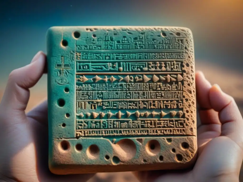 Antigua tablilla de arcilla con escritura cuneiforme detallada de astrología en Babilonia, misterios astrales