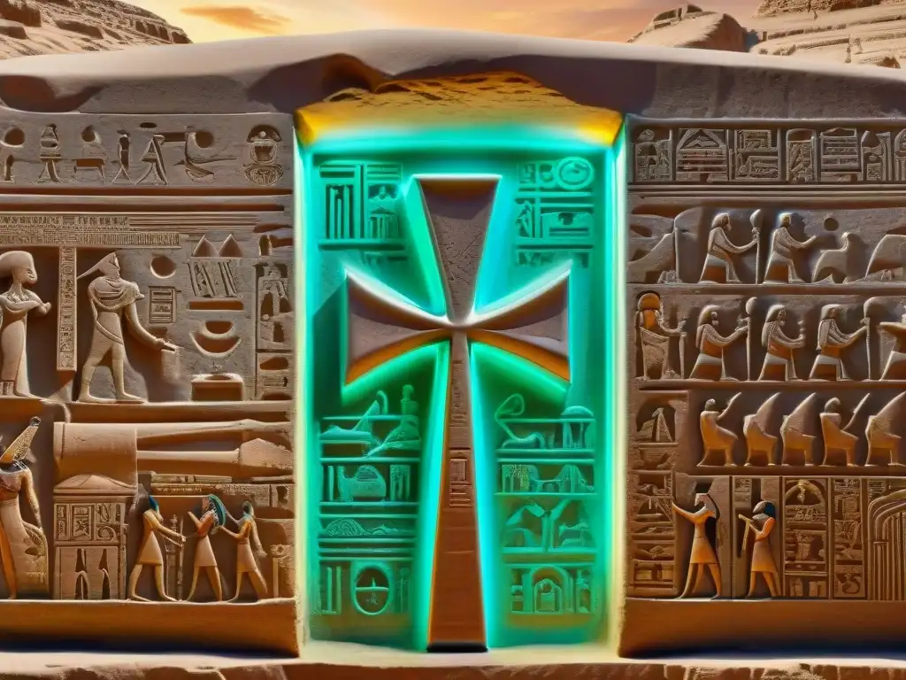 Una antigua talla egipcia del Ankh con colores vibrantes iluminada por un rayo de sol