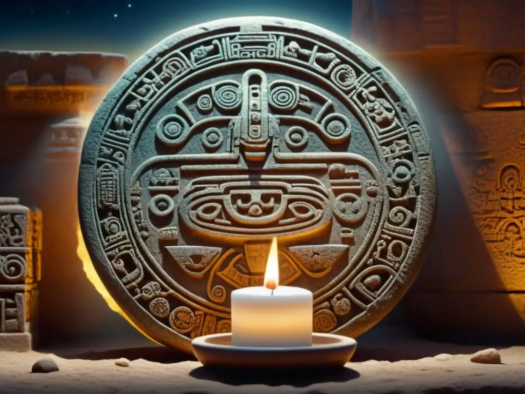 Una antigua talla maya de piedra iluminada por una vela, con patrones celestiales y símbolos zodiacales