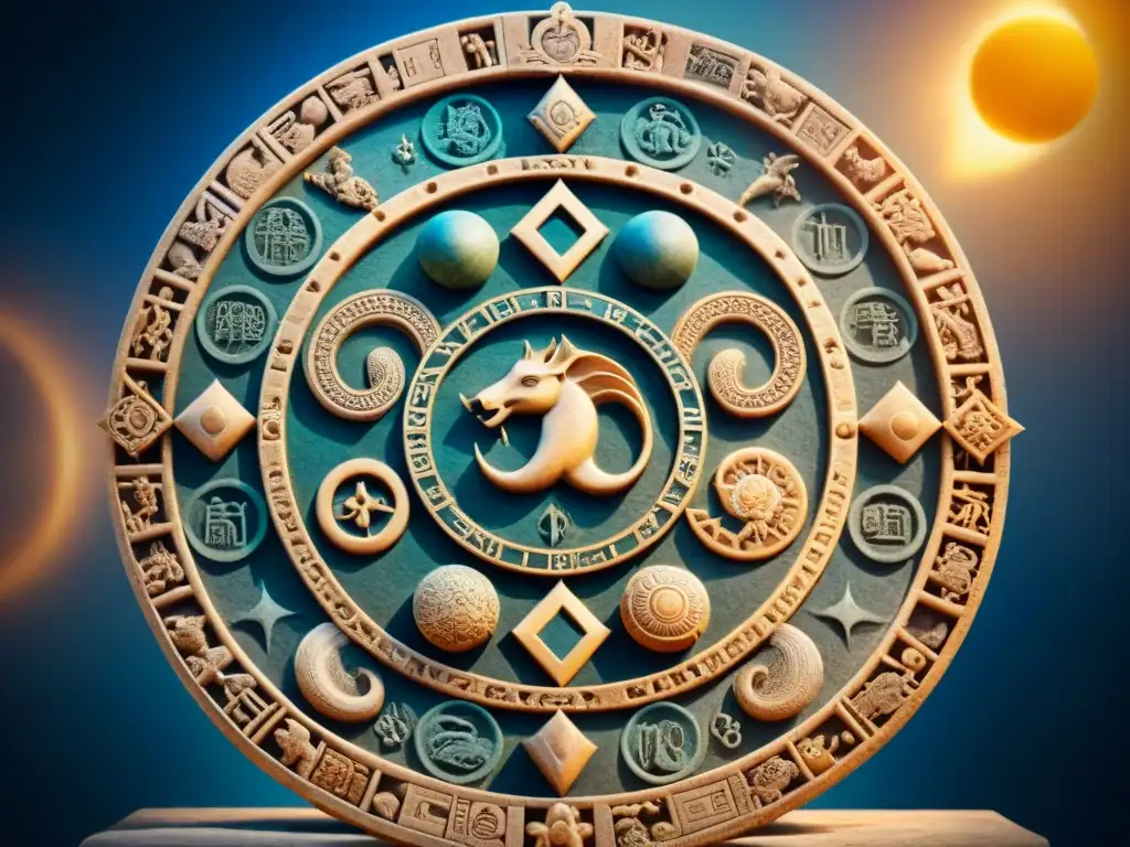 Una antigua talla de piedra detallada muestra los signos del zodiaco entre motivos celestiales