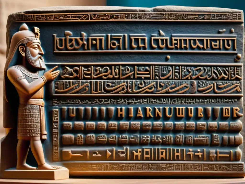 Una antigua talla en piedra iluminada destaca el Código de Hammurabi en escritura cuneiforme