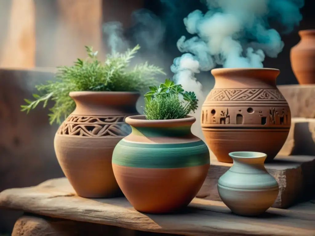 Misterios aromáticos: Antiguas vasijas de hierbas y aceites Antiguas ánforas de barro con hierbas y aceites aromáticos, decoradas con símbolos de plantas