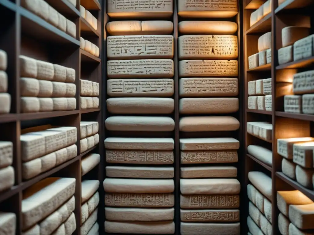 Antiguas bibliotecas de Mesopotamia: tablillas de arcilla con textos cuneiformes en estantes iluminados tenue