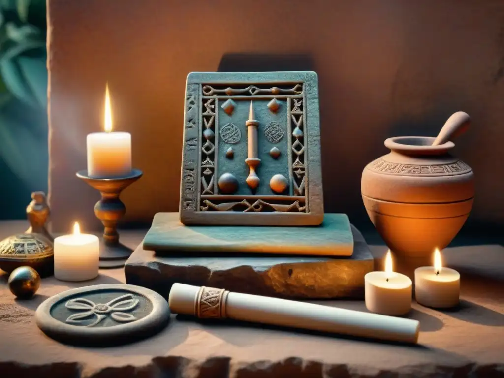 Colección de antiguas herramientas y artefactos de adivinación etruscos en un altar de piedra iluminado por velas, evocando misteriosos rituales