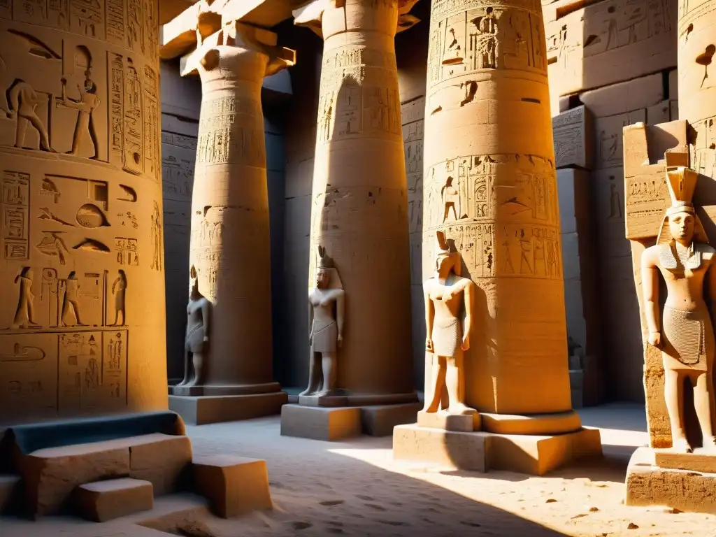 Antiguas inscripciones y jeroglíficos del Templo de Karnak Luxor misterios, iluminados por el sol