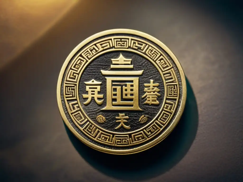 Colección de antiguas monedas chinas en un patrón circular sobre terciopelo