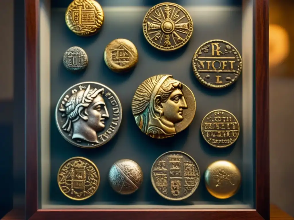 Colección de antiguas monedas con engravings detallados y desgaste, iluminadas en un estuche de terciopelo